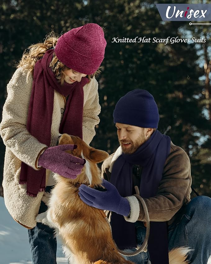 SATINIOR 6 Pcs Winter Knit Beanie Hat Scarf Touchscreen Gloves Set Warm Skull Cap Gifts for Men Women(Navy Blue, Wine Red)
