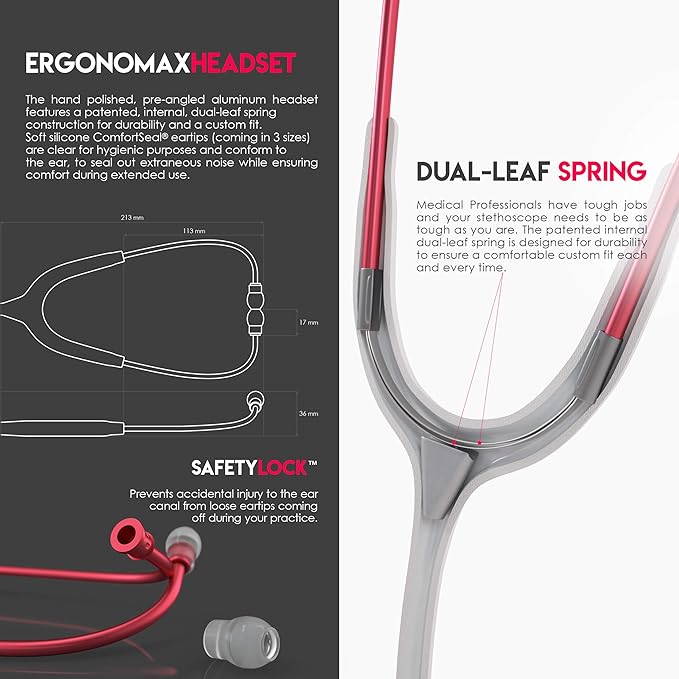 MDF Instruments, Acoustica Lightweight Stethoscope for Doctors, Nurses, Students, Home Health Use, Adult, Dual Head, White Tube, Red Chestpiece-Headset, MDF747XPR29