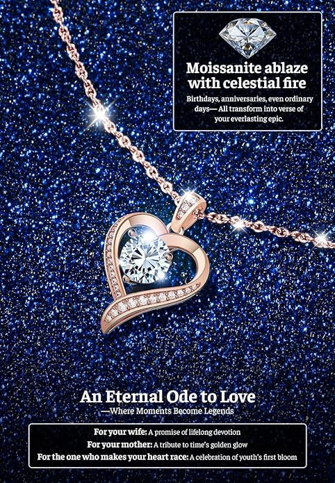 Heart Pendent Necklaces for Women, 1-3ct Moissanite Necklace with I love U Engraving - Anniversary Birthday Gifts for Women Her Wife Girlfriend Mom, 925 Silver Jewelry