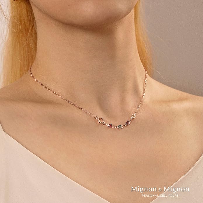 MignonandMignon Custom Birthstone Necklace for Women, Family Jewelry Gift for Moms, Kids, and Grandmas -BSN-MC