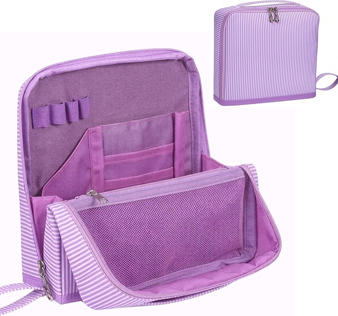 Striped Makeup Bag Large Cosmetic Bags for Women Gift with Brush Loops Mesh Pocket Wrist Strap Travel Organizer Storage Pouch Toiletry Case with Divider for Mirror(Lavender)