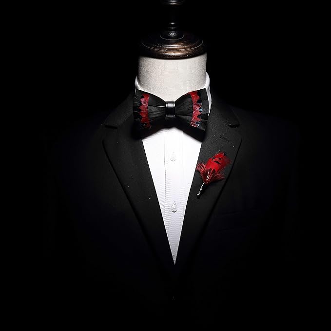 RBOCOTT Handmade Feather Pre-tied Bow tie and Brooch Sets for Men
