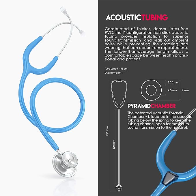 MDF Instruments, Acoustica Lightweight Stethoscope for Doctors, Nurses, Students, Home Health Use, Adult, Dual Head, Bright Blue Tube, Silver Chestpiece-Headset, MDF747XP14