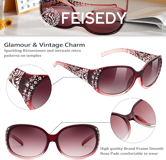 FEISEDY Women's Polarized Sunglasses Wrap Around Rhinestone Design Fashion Sunnies UV400 Protection B1091