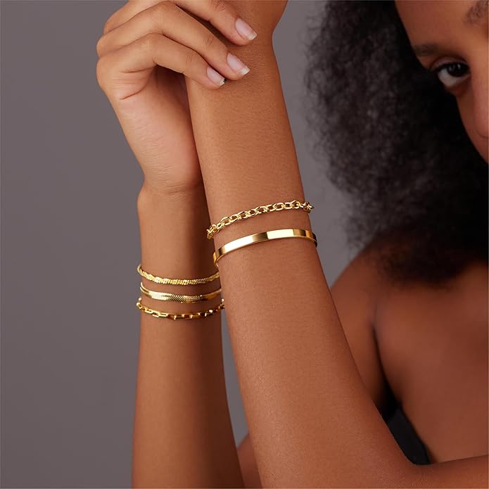 Dainty Thin Gold Bracelet for Women Stack, 14K Gold Plated Bracelet Stackable Set with Bangle Cuff, Box, Herringbone, Paperclip, Figaro, Sparkling Link Chains, Simple Waterproof Non Tarnish Minimalist Gifts for Women Trendy