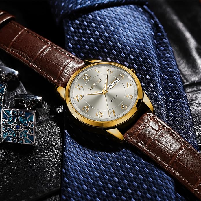 Men's Watch Big Face Easy Read Arabic Numeral Dress Watches for Men Classic Black Brown Leather Band Analog Mens Wrist Watch with Day and Date Fashion Business Waterproof Luminous Quartz Watch