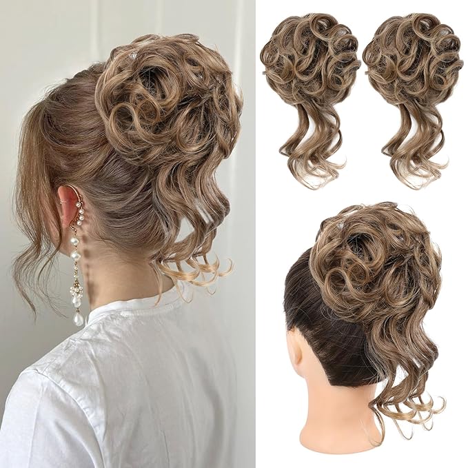 HOOJIH Messy Bun Hair Piece, 2PCS Tousled Updo with Tendrils Bun Extensions Wavy Curly Hair Wrap Ponytail Hairpieces Thick Scrunchies for Women HB010 Dasiy - Light Brown with Golden Ends