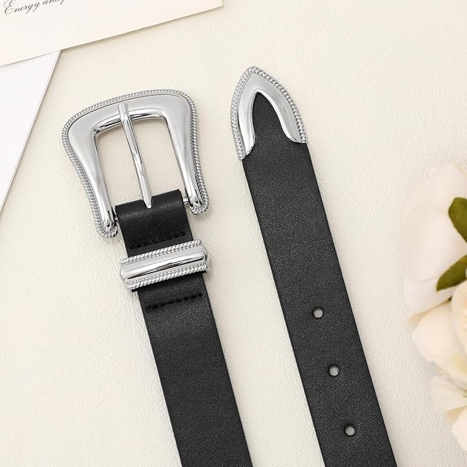 Genuine Leather Belt for Women - Silver Buckle Strap for Jeans & Dresses