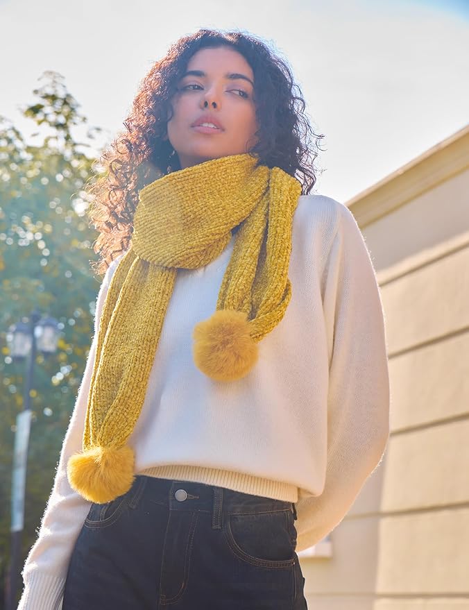 Womens Chenille Scarf with Pompom Winter Knit Warm Scarves for Cold Weather with Gift Box