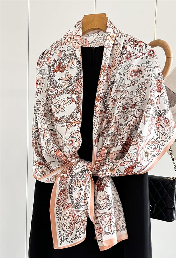 100% Mulberry Silk Scarfs for Women Floral Print Satin Long Scarf for Headscarf Hair Wraps Shawl with Gift Packed