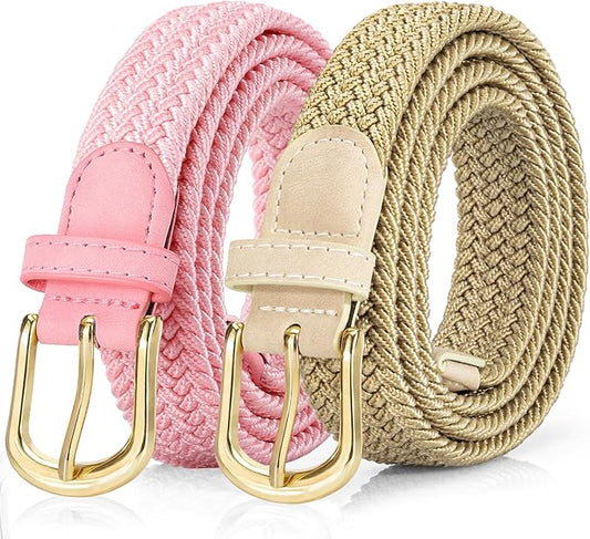 2 Pack Braided Belt for Women, Elastic Woven Stretch Fabric Cloth Belt with Gold Buckle