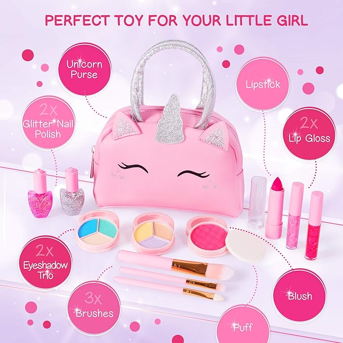 Kids Real Makeup Kit with Pink Unicorn Purse, Non Toxic Washable Make Up Set - Unicorn Toys for Girls Age 4-6, Valentines Day Gifts for Kids, Birthday Gift for Girl Ages 3 4 5 6 7 8 9 10 Years Old