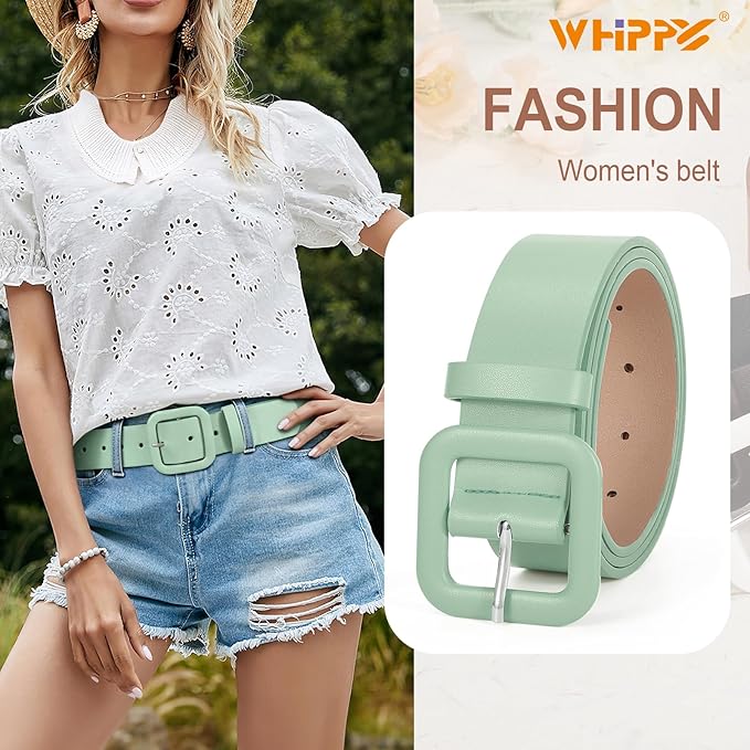 WHIPPY Women Leather Belt Candy Color Fashion Square Buckle Belt Ladies Belt for Jeans Pants Dresses