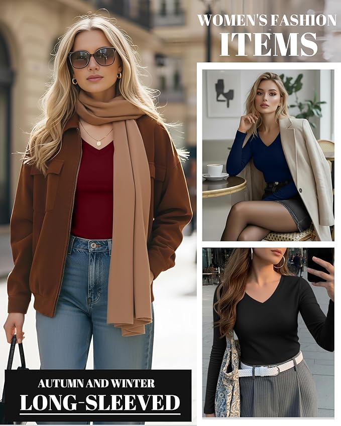 Ficerd 3 Pack Women's Long Sleeve Shirts, V Neck Basic Tees Slim Fitted Casual Fall Tops Going Out Blouses T Shirts