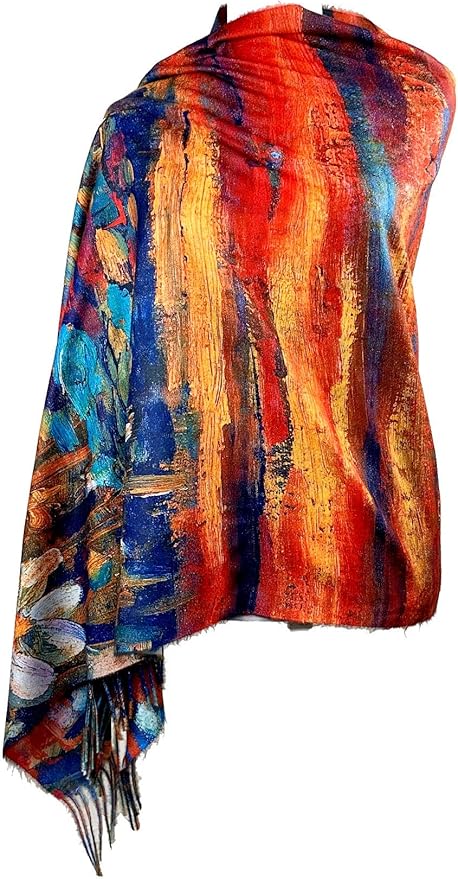 Plum Feathers Super Soft Cashmere Feel Double Sided Reversible Art Shawl Scarf Van Gogh Monet Klimt Inspired