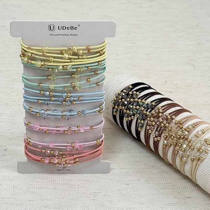 10pcs Brown Hair Ties with Gold & Crystal Beads, Thin Elastic Ponytail Holders for Women, No Damage, Stylish Hair Accessories