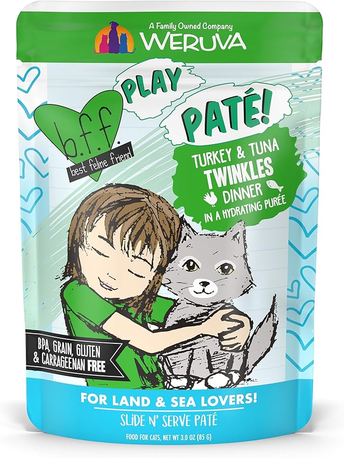 Weruva B.F.F. Play - Best Feline Friend Paté Lovers, Aw Yeah!, Turkey & Tuna Twinkles with Turkey & Tuna, 3oz Pouch (Pack of 12)