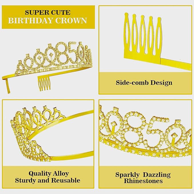 85th Birthday Decorations for Her Girls Set, Include 85th Birthday Crown and 85 Sash, 85th Birthday Cake Topper and 85 Birthday Candles, Gold 85 Balloons, Women 85th Party Supplies(Gold)