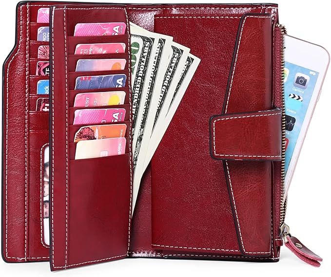 Women's Retro Long Wallet Genuine Leather RFID Blocking Large Capacity Clutch Purse in Brown (Dark Red)
