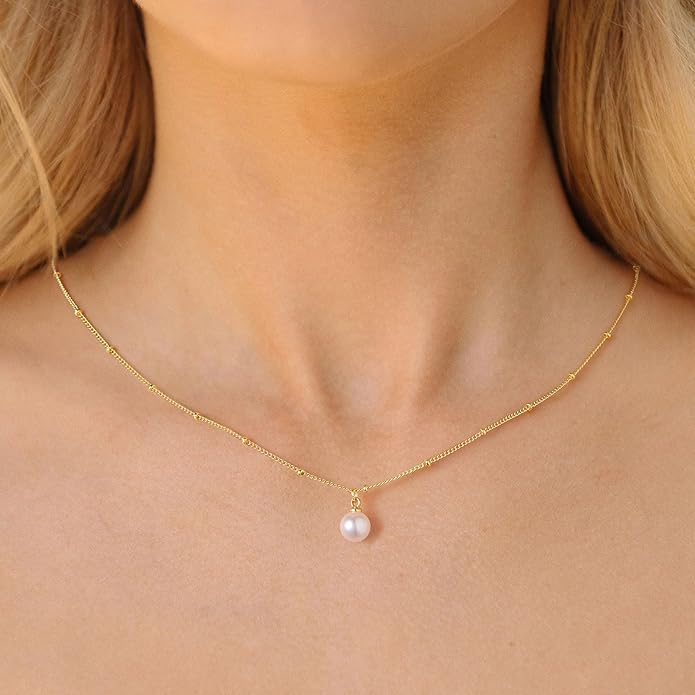 Yoosteel Pearl Necklace for Women - 14K Gold Plated Pearl Pendant Necklaces Minimalist Women Pearls Layered Necklace Dainty Trendy Bridal Bridesmaid Wedding Gifts for Her