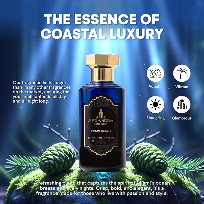 Alexandria Fragrances Miami Beach Perfume - Long Lasting Eau de Parfum for Men & Women - Everyday Men’s Cologne with Citrus, Ginger, Vetiver & Cedar Notes - Inspired by Beach & Summer Vibes - 30ml