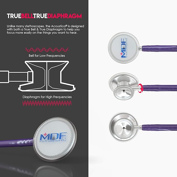 MDF Instruments, Acoustica Lightweight Stethoscope for Doctors, Nurses, Students, Home Health Use, Adult, Dual Head, Purple Tube, Silver Chestpiece-Headset, MDF747XP08