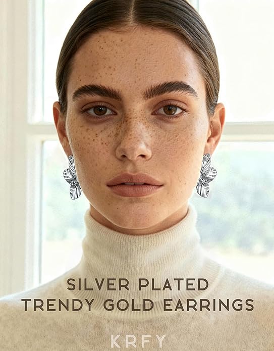 KRFY Statement Earrings 2 Pairs, S925 Sterling Silver Post 16K Plated Chunky Gold Earrings For Women Trendy, Hypoallergenic Big Flower Leaf Stud Earring Set, Silver Color Large Dangle Earrings Jewelry