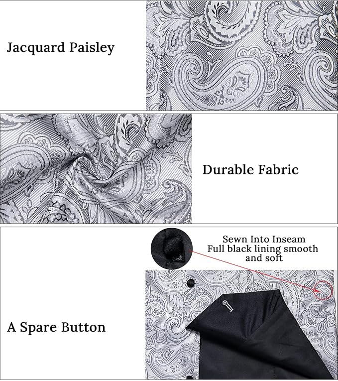 DiBanGu Mens Paisley Suit Vest Silk Jacquard Waistcoat and Necktie Set Formal Shawl Collar Dress Vest 7PCS for Wedding Party