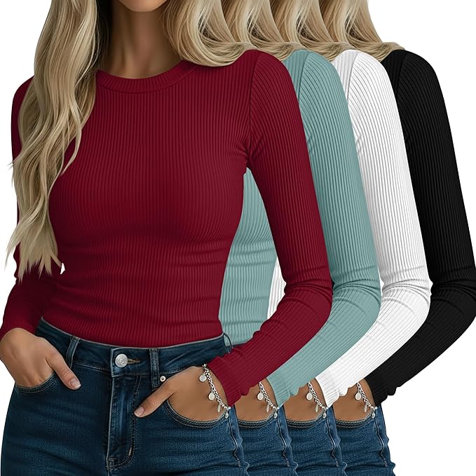 Neer 4 Pack Women's Ribbed Long Sleeve Shirts, Cotton Crew Neck Slim Fit Tops Stretch Knit Casual Base Layer Basic Tee Shirts