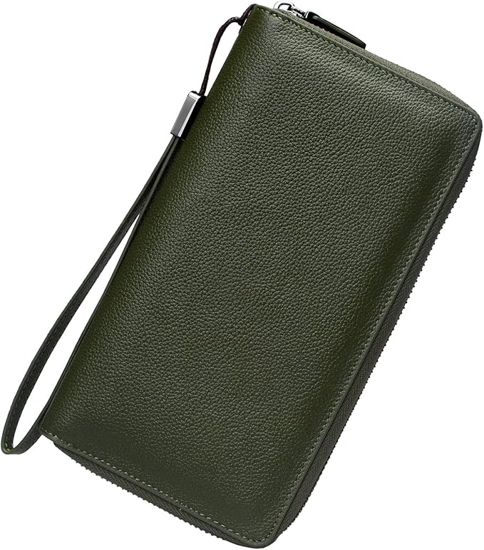 Women's Genuine Leather RFID Blocking Zip Around Wallet with Phone Pocket Large Capacity Travel Wristlet (Olive Green)