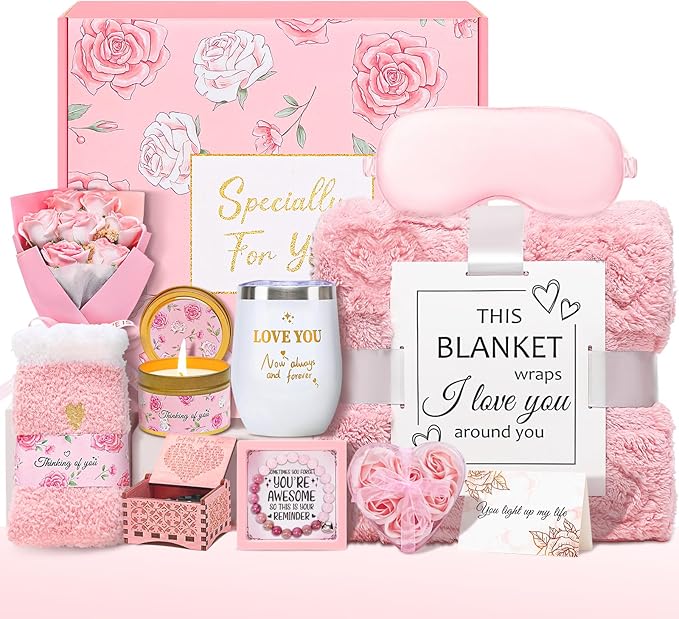 Valentines Day Gifts for Women, Self Care Gifts Spa Basket Set for Women Get Well Soon Gifts with Flannel Blanket, Thinking of You Valentine's Day Gifts for Her Mom Girlfriend Sister Wife