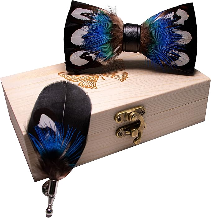 RBOCOTT Handmade Feather Pre-tied Bow tie and Brooch Sets for Men