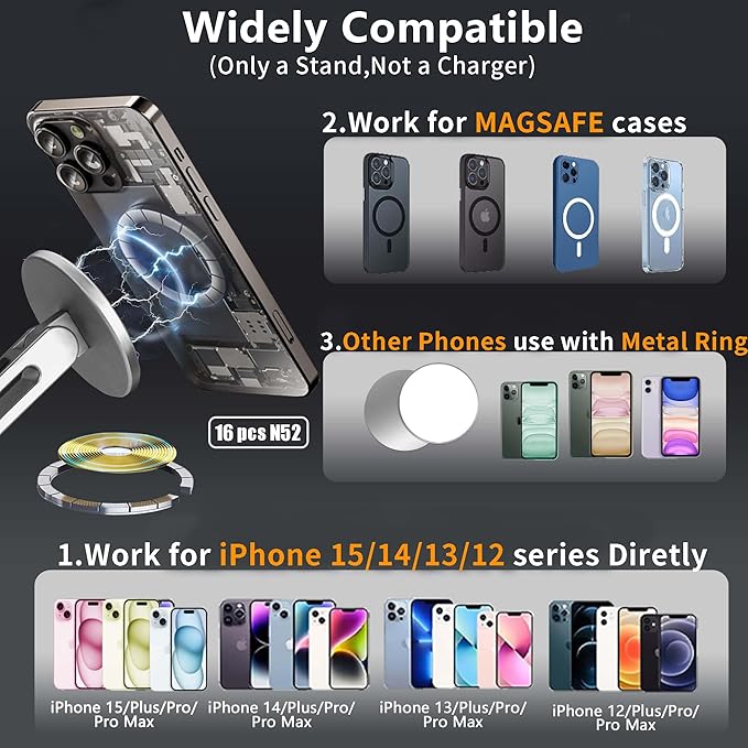 Magnetic Phone Stand for Desk, Foldable & Adjustable Magnetic iPhone Stand Holder with Non Slip Pad for Desk/Home/Office, Compatible with iPhone 16/15/14/13 All Series