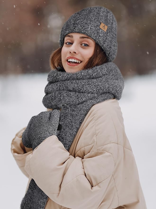 Winter Beanie Hat Scarf Gloves, Warm Fleece Knit Hat Long Scarf Neck Warmer Touch Screen Winter Gloves Set Gifts for Women
