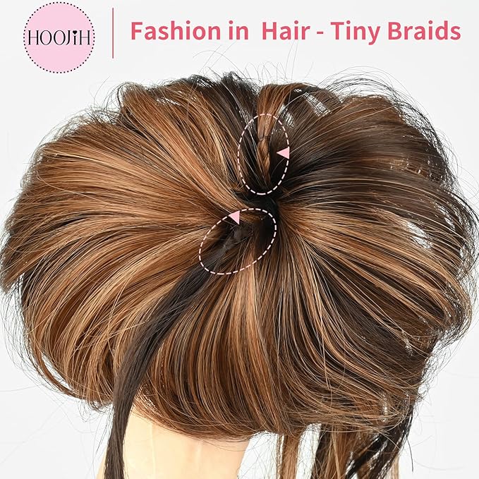 HOOJIH Messy Bun Hair Piece, Super Long Tousled Updo Hair Bun Extensions Wavy Hair Wrap Ponytail Hairpieces Scrunchies with Elastic Hair Band HB007 Grace - Warm Brown with Medium Brown Highlights