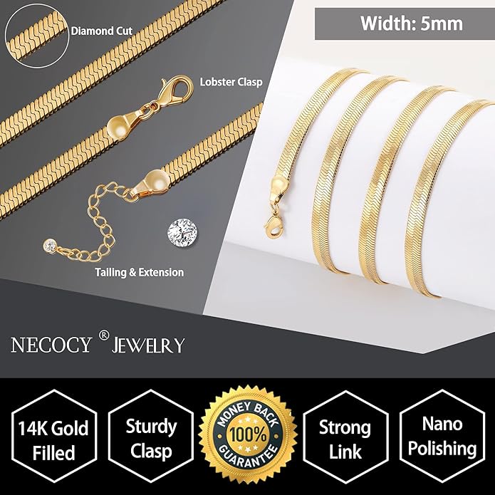 NECOCY 14K Gold Plated Necklaces for Women, Dainty Gold Herringbone Choker Necklace Thin Layered Snake Chain Jewelry for Gifts