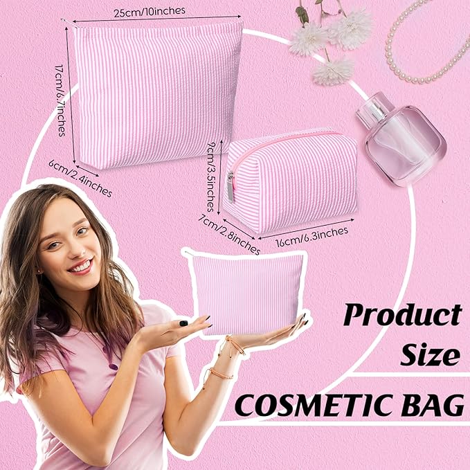 2 Pieces Makeup Bag Set Cute Cosmetic Pouch for Women Seersucker Travel Toiletry Bag Preppy Small Makeup Purse Pouch Aesthetic Skincare Brushes Storage Organizer for Christmas Women(Pink)