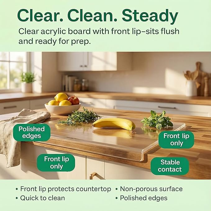 Acrylic Cutting Board with Counter Lip – Clear Countertop Cutting Board for Kitchen Prep, Easy Food Transfer, Non-Slip Pads, Dishwasher-Safe – 17" x 13"