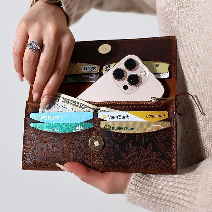 Genuine Leather Handmade Wallet for Women Large Capacity Credit Card Holder Ladies Bifold Long Clutch Handbag Slim Minimalist Western Purse with Zipper Pocket