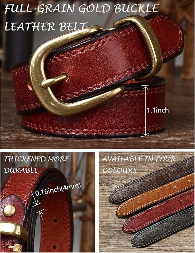 Womens Belts for Jeans 1.1" Width Ladies Belts for Dresses Full Grain Leather Gold Buckle Belt Gift Box