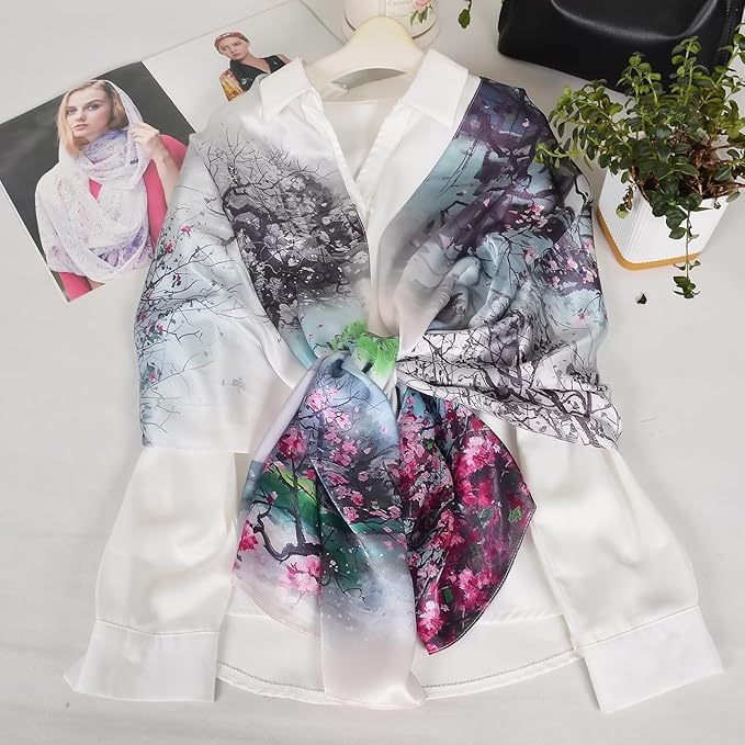 100% Mulberry Silk Scarf for Women Neck Oblong Headscarves Long Floral Print Lightweight Silk Wraps Shawls 67"*20"