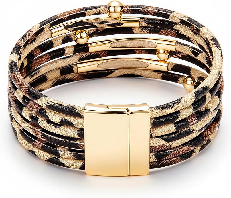 Fesciory Leather Wrap Bracelets for Women, Boho Leopard Multi-Layer Crystal Beads Cuff Bracelet Jewelry