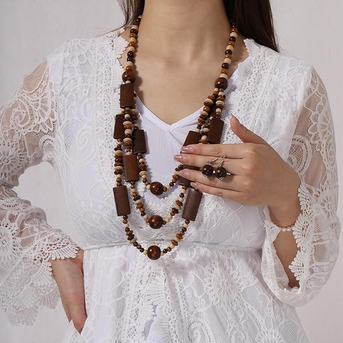 MILAKOO Wood Beads Necklace & Earrings for Women Chunky Multi-Layering Choker Necklace Ear Pendant