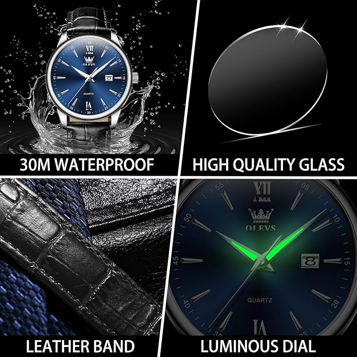 OLEVS Men Leather Watch,Mens Wrist Watches,Big Face Watches for Men,Leather Band Watches for Men,Day Date Watches for Men,Waterproof Watches for Men,Men Classic Watch,Reloj para Hombres