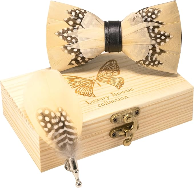 RBOCOTT Handmade Feather Pre-tied Bow tie and Brooch Sets for Men