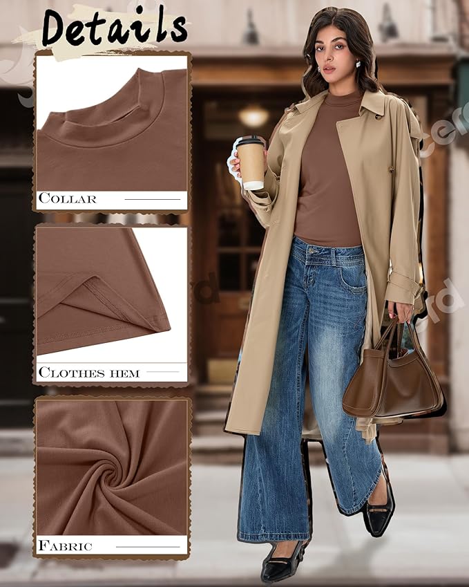Ficerd 3 Pack Women's Mock Turtleneck Shirts, Long Sleeve Mock Neck Pullover Tops Slim Fitted Stretch Undershirt Tee Blouse
