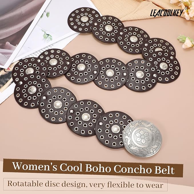 LEACOOLKEY Women's Boho Disc Belt Wide Western Leather Belt Vintage Concho Waist Belts for Dress Jeans