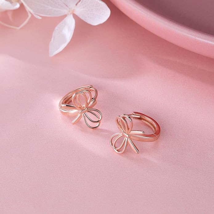 Reffeer Solid 925 Sterling Silver Bow Hoop Earrings Ribbon for Women Teen Girls Bowknot Hoop Earrings Huggie
