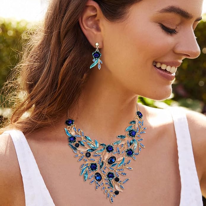 BriLove Wedding Bridal Leaf Cluster Jewelry Set for Women Crystal Flower Enamel Statement Necklace Dangle Earrings