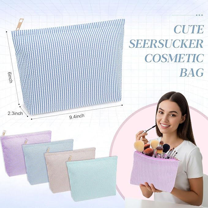 Sanwuta 4 Pcs Seersucker Cosmetic Bag Seersucker Makeup Bag Women Stripe Large Travel Toiletry Organizer Preppy Storage Pouch for Wedding Bridesmaid Bride Mom(Blue, Khaki, Purple, Lake Blue)